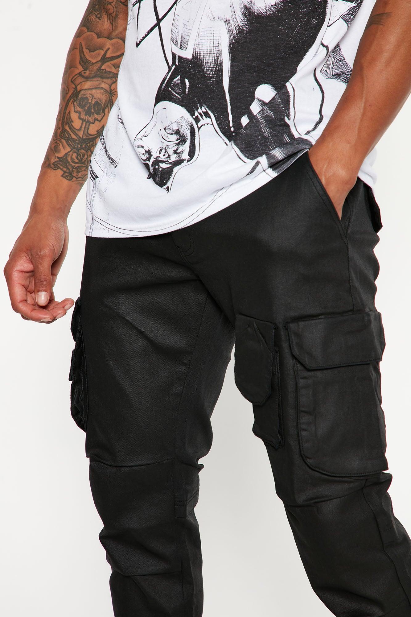 Flap Pockets Waxed Stacked Skinny Cargo Jeans - Black Product Image