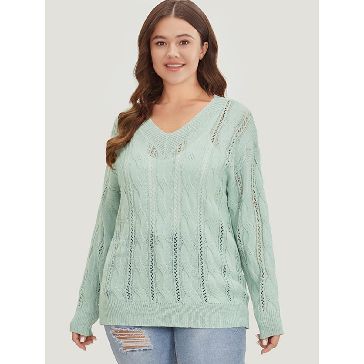Plus Size Plain Cable Knit Drop Shoulder Pullover LightGreen Women Casual Loose Long Sleeve V-neck Dailywear Pullovers BloomChic 10/M Product Image