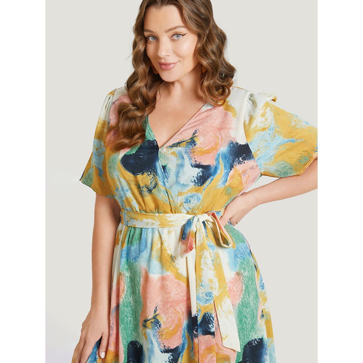 Plus Size Tie Dye Ruffle Pocket Wrap Belted High Low Dress Green Women Elegant Wrap V-neck Short sleeve Curvy Midi Dress BloomChic 18-20/2X Product Image