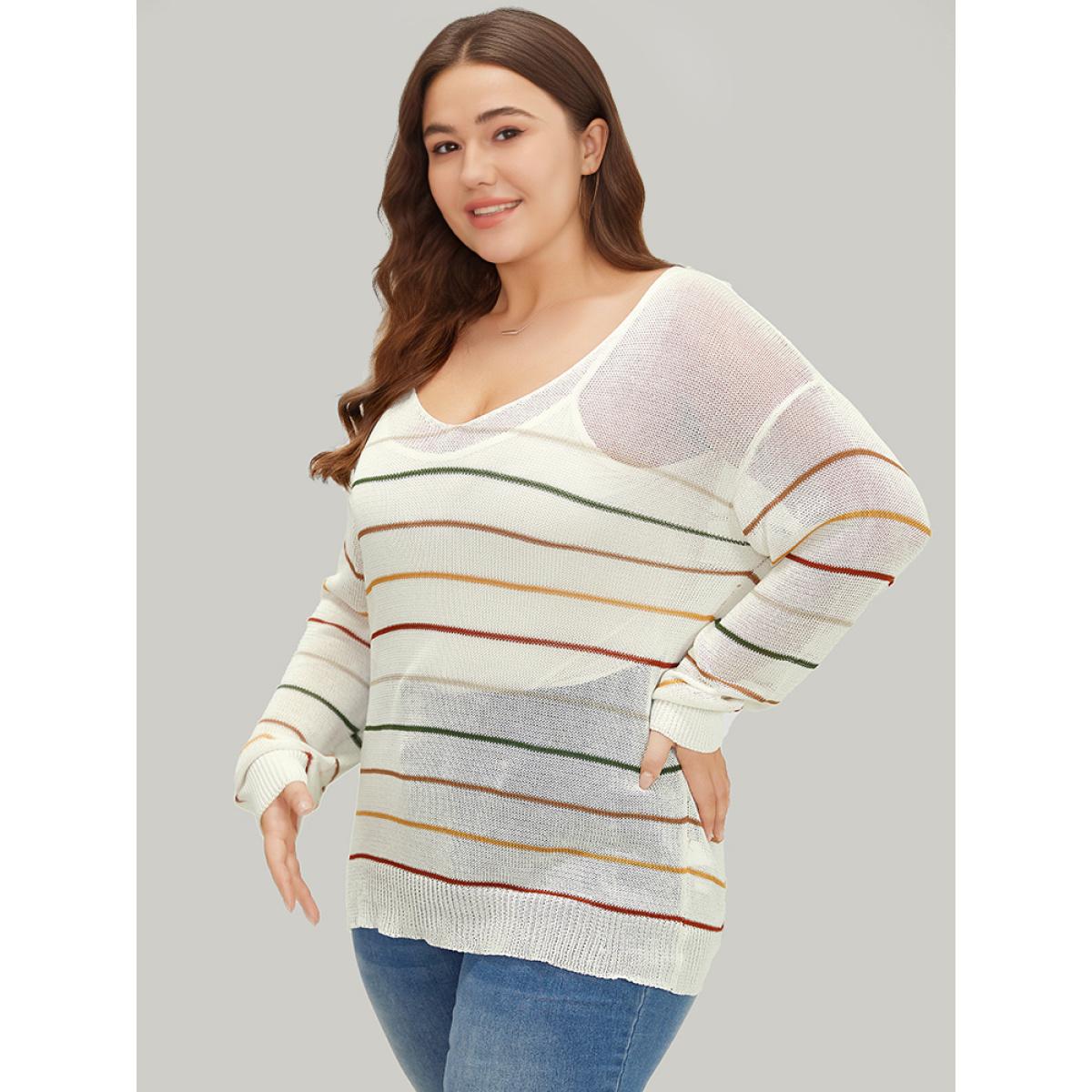 Plus Size Rainbow Striped Mesh Lightweight Pullover Multicolor Women Casual Loose Long Sleeve Open Front Everyday Pullovers BloomChic 28/5X Product Image