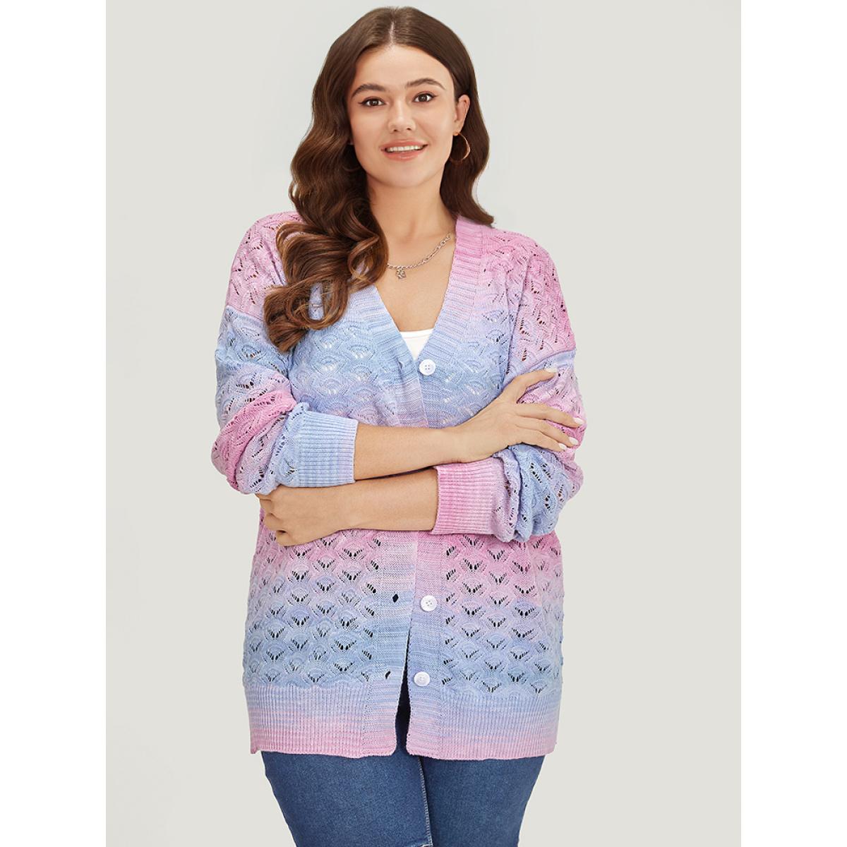 Plus Size Ombre Button Through Hollow Out Cardigan Multicolor Women Casual Loose Long Sleeve Dailywear Cardigans BloomChic 18-20/2X Product Image