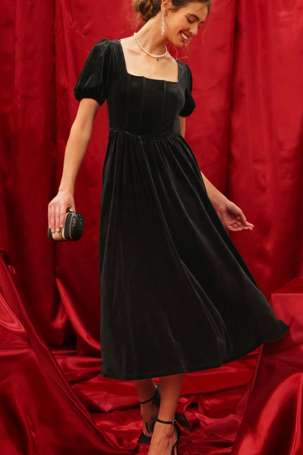 Velvet Corset Puff Sleeve Midi Dress Product Image