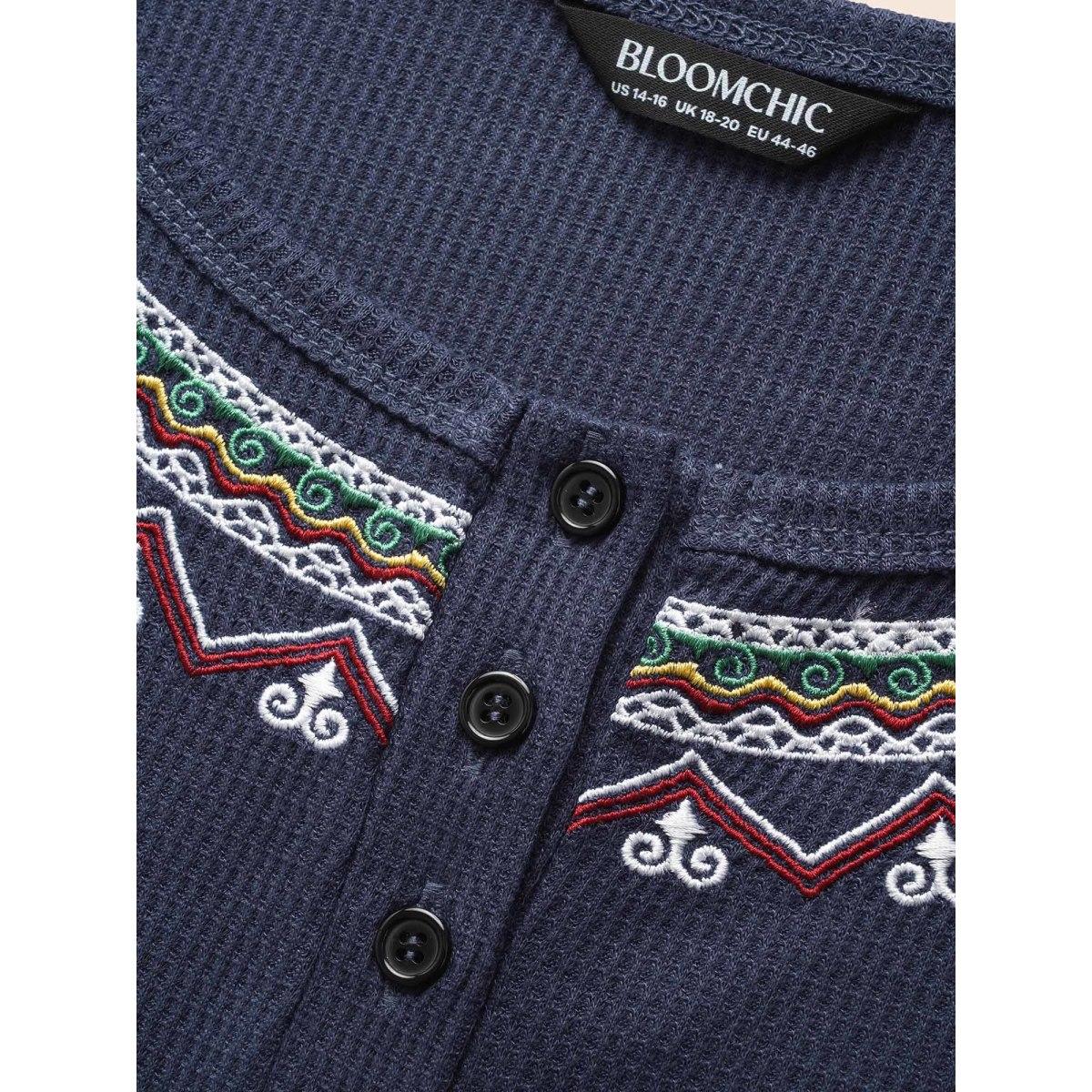 Plus Size Bandana Embroidered Button Up T-shirt Indigo Women Casual Embroidered Art&design Round Neck Everyday T-shirts BloomChic 12/L Product Image