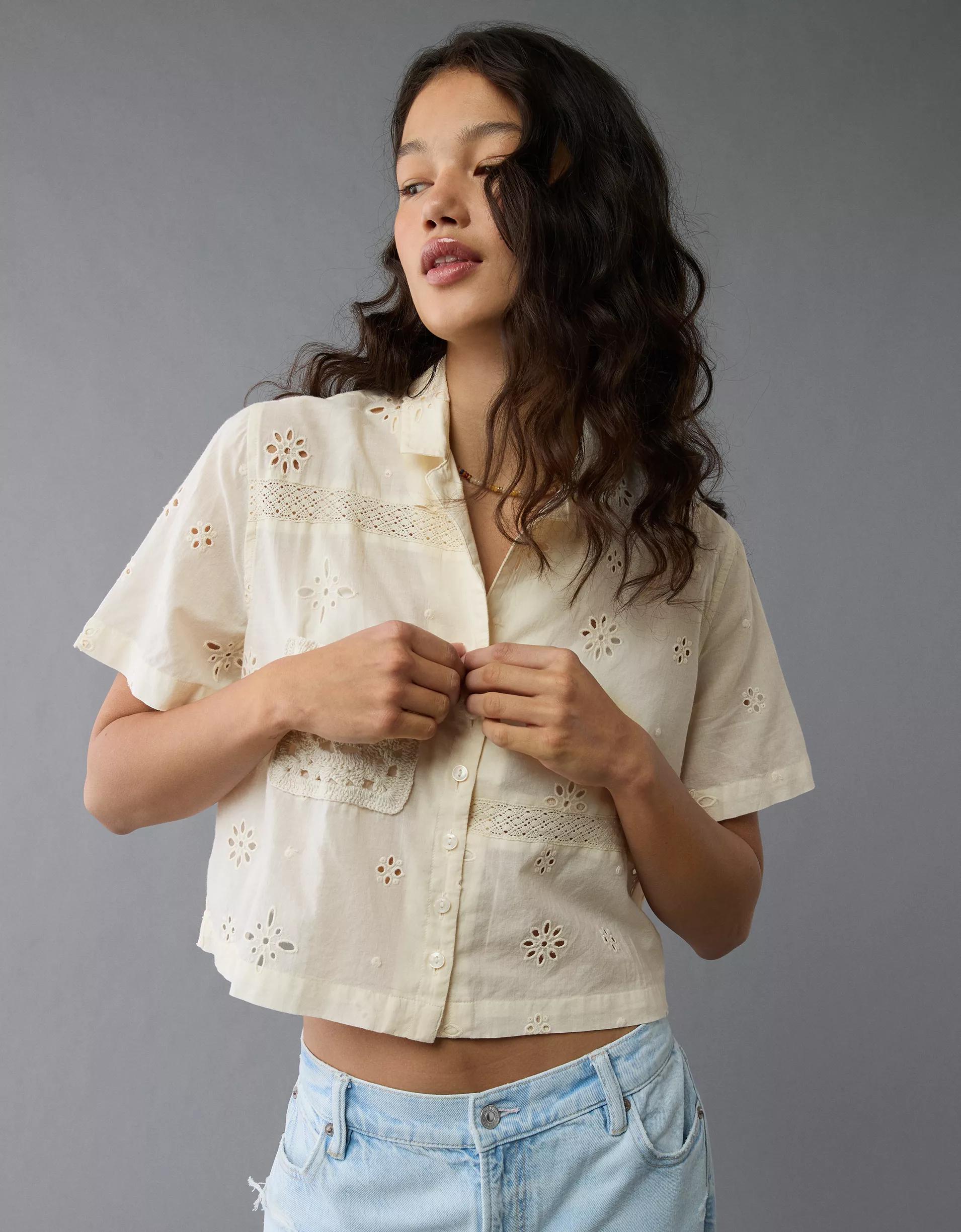 AE Short-Sleeve Embroidered Button-Up Shirt Product Image