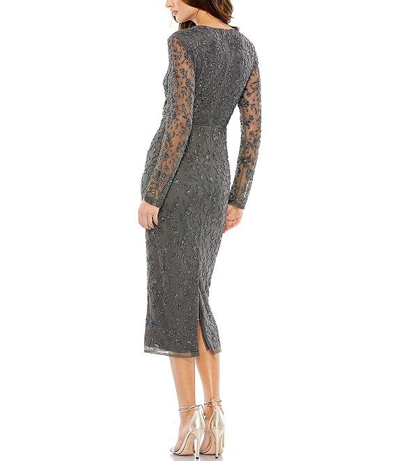 Mac Duggal Beaded Crew Neck 3/4 Sheer Sleeve Midi Dress Product Image