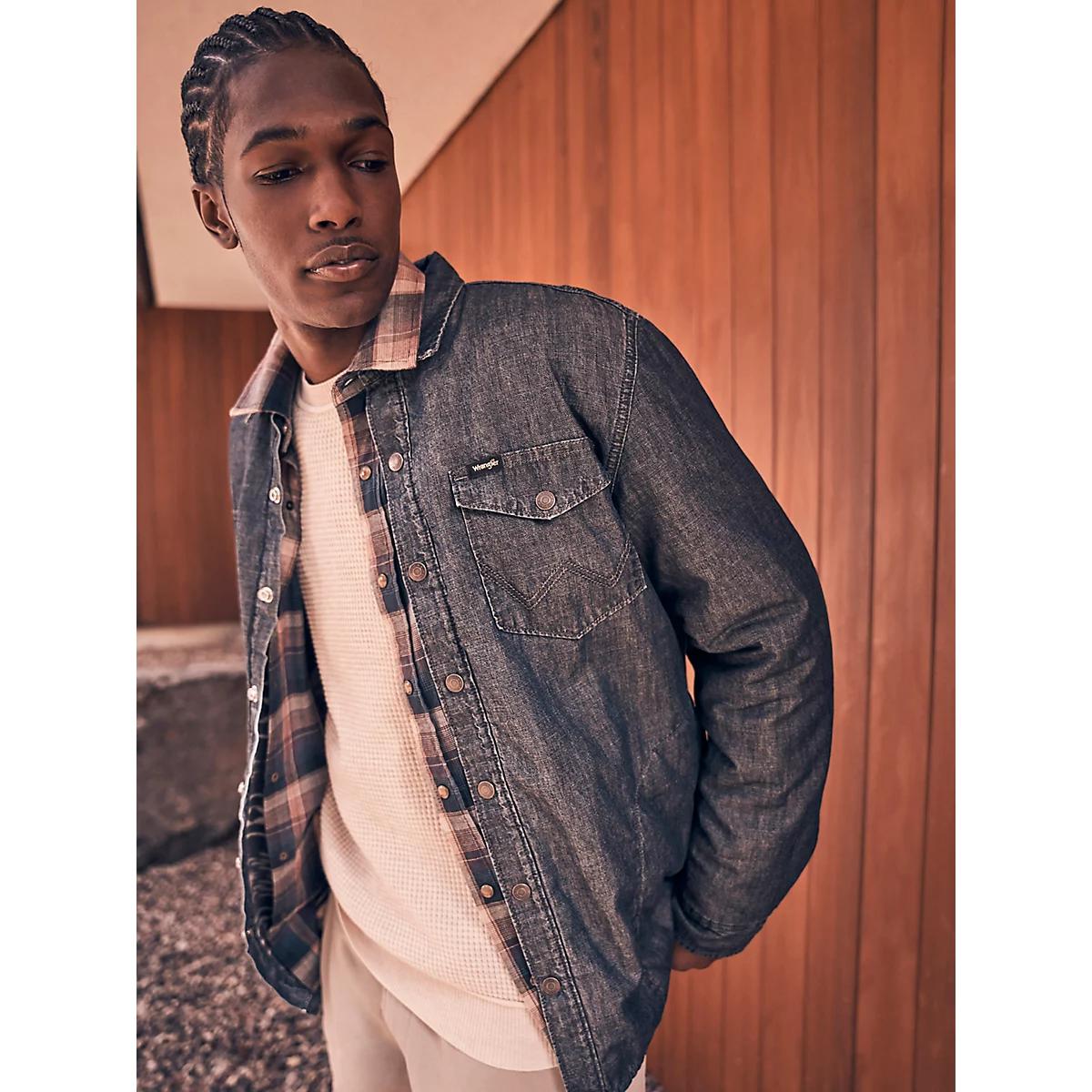 Men's Printed Fleece Lined Denim Shirt in Gravel Wash Product Image