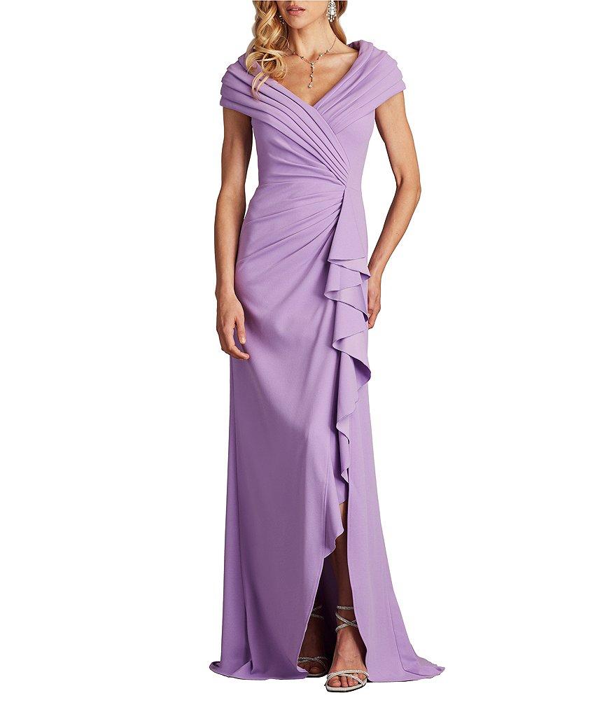 Tadashi Shoji Pleated Portrait Collar Ruffle Front Crepe Sheath Gown Product Image