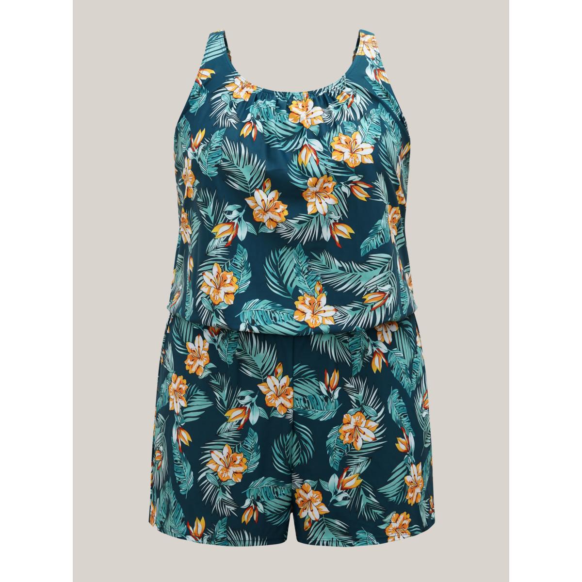 Plus Size Tropical Flower Print Pockets One-Piece Swimsuit Women's Swimwear Deepred Resort Gathered Curve Bathing Suits High stretch One Pieces BloomChic 14-16/1X Product Image