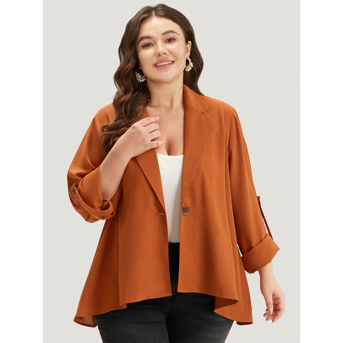 Plus Size Plain Button Up Tab Sleeve High Low Hem Blazer Chocolate Women Work Plain Drape Sleeve Long Sleeve Lapel Collar 22-24/3X At the Office Blazers BloomChic Product Image