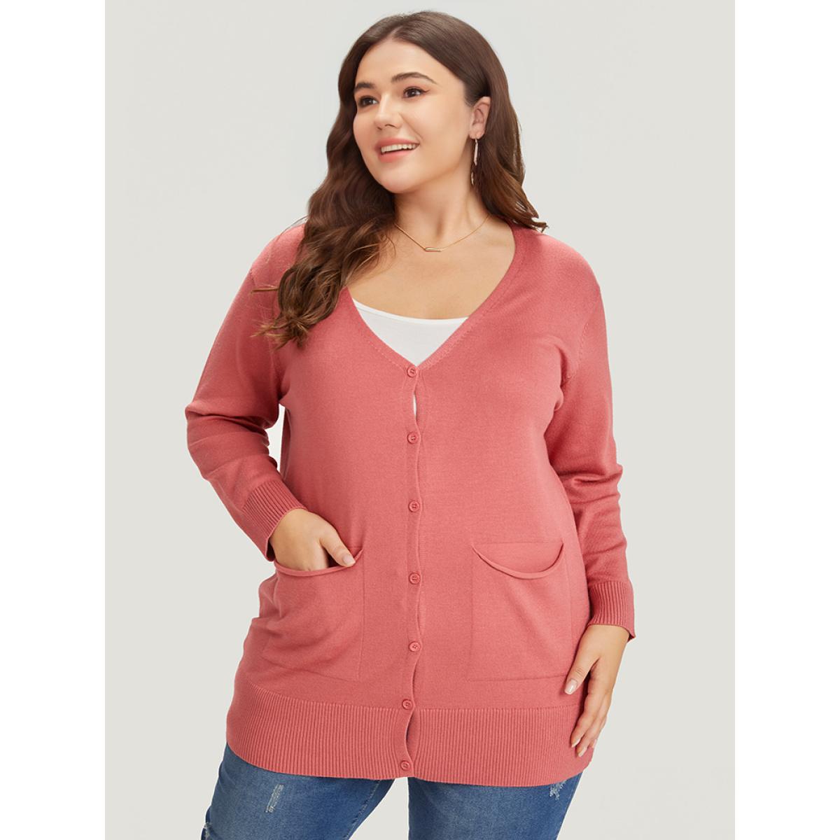 Plus Size Supersoft Essentials Solid Button Down Patched Pocket Cardigan Russet Women Casual Loose Long Sleeve Everyday Cardigans BloomChic 26/4X Product Image