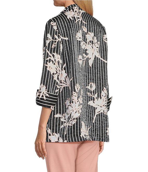 Multiples Shimmer Woven Floral Wire Collar 3/4 Turn-Up Cuff Sleeve Button-Front Shirt Product Image