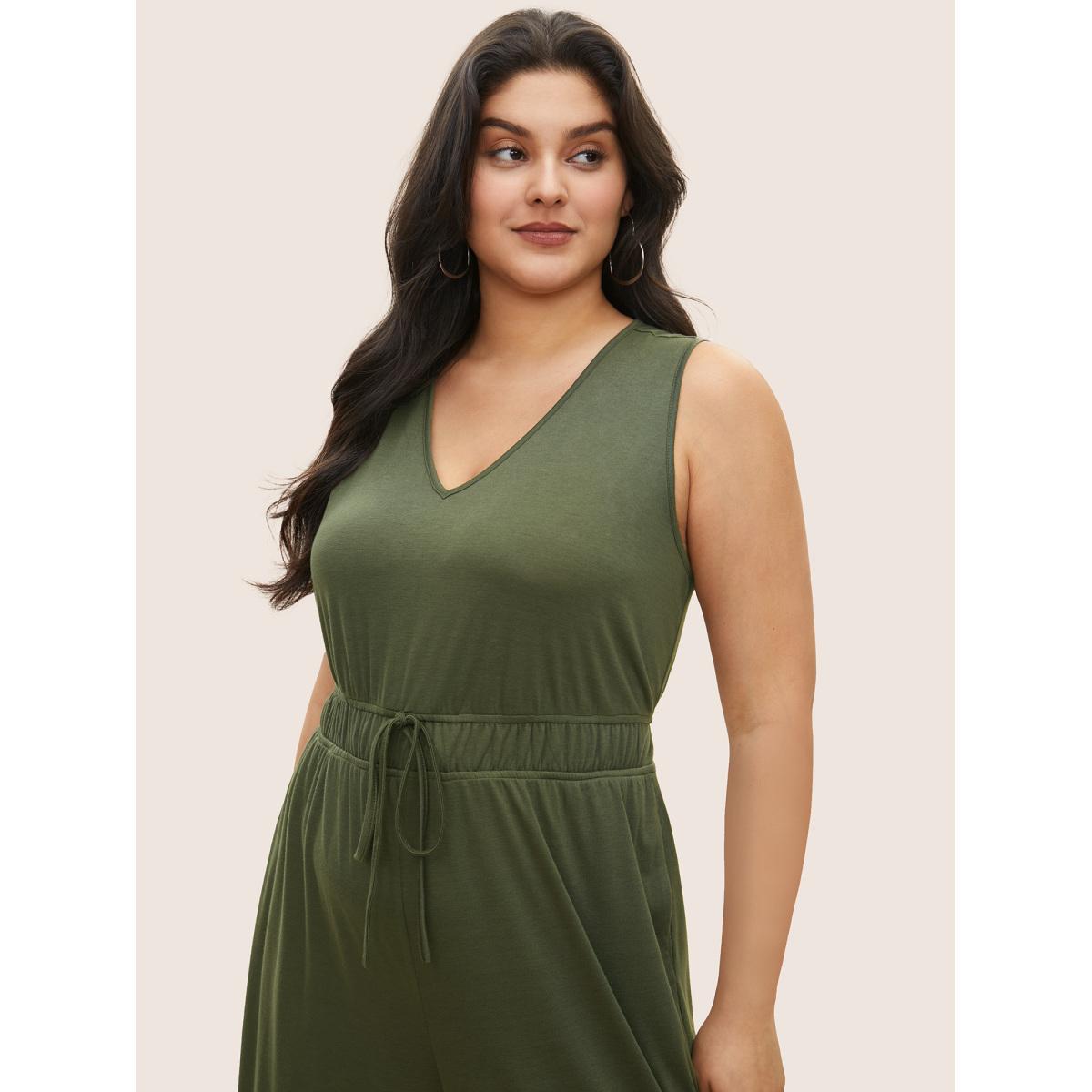 Plus Size ArmyGreen Solid Split Side Pocket Bowknot Tank Jumpsuit Women Casual Sleeveless V-neck Everyday Loose Jumpsuits BloomChic 22-24/3X Product Image