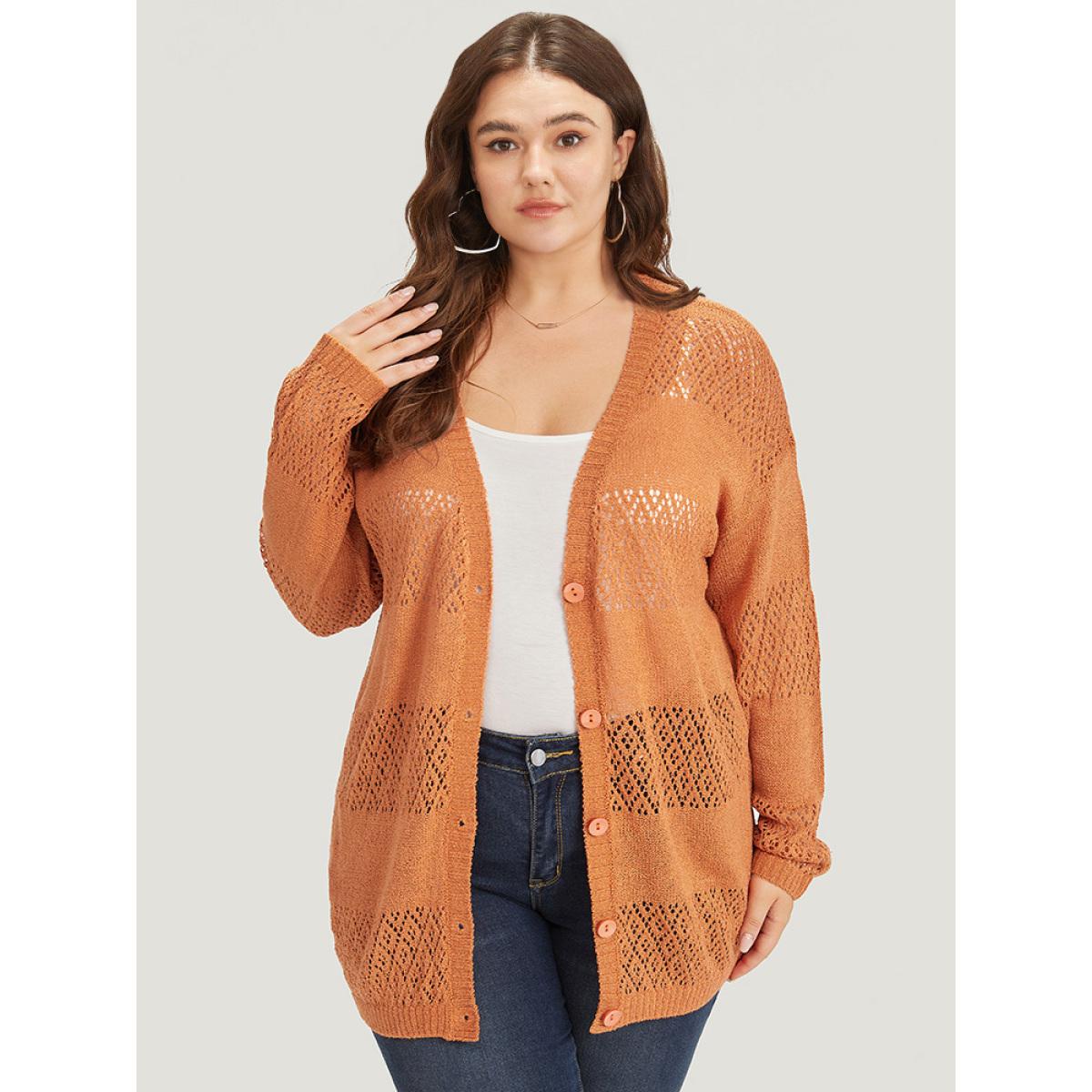 Plus Size Plain Geometric Eyelet Button Through Loose Cardigan Orange Women Casual Loose Long Sleeve Dailywear Cardigans BloomChic 22-24/3X Product Image