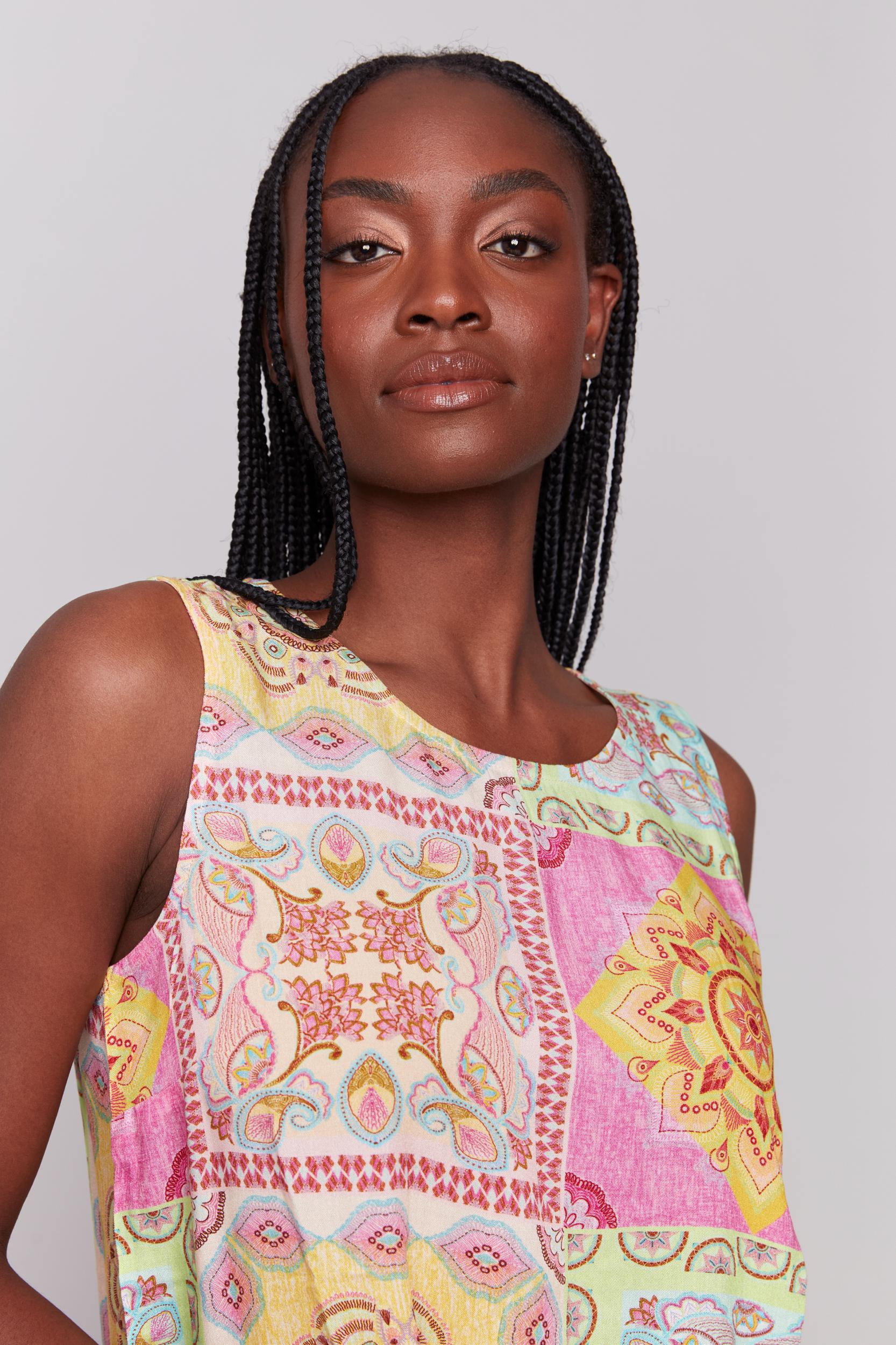 Printed Sleeveless Crew Neck Popover Blouse Product Image