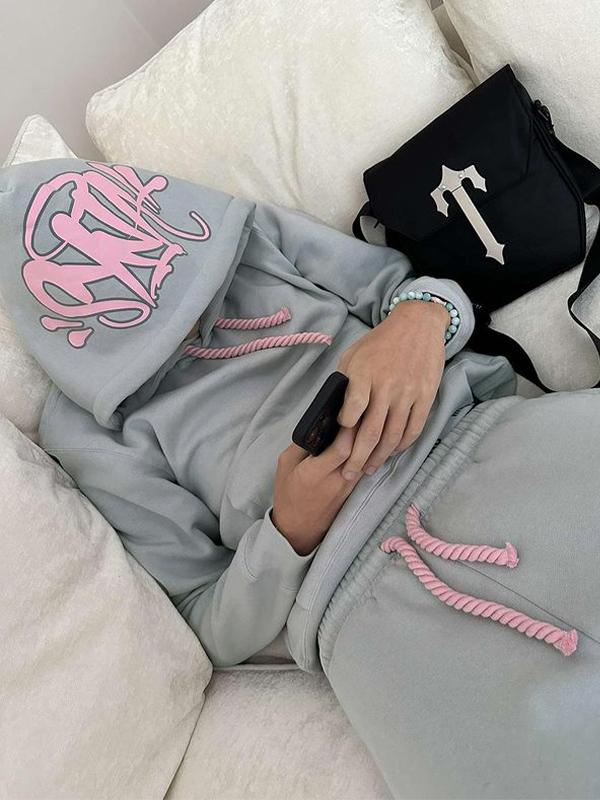 Men's Contrast Color Letter Print Drawstring Oversized Hoodie Product Image
