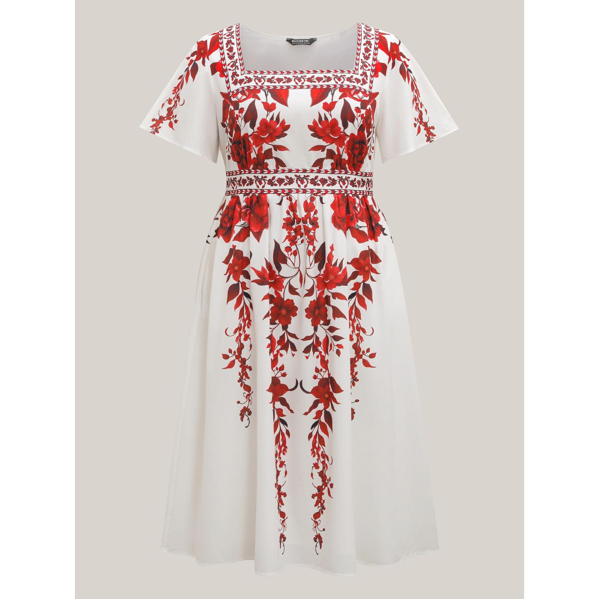 Plus Size Bohemian Floral Print Stretchy Waist Maxi Dress Originalwhite Women Elegant Non Square Neck Short sleeve Curvy BloomChic 12/L Product Image