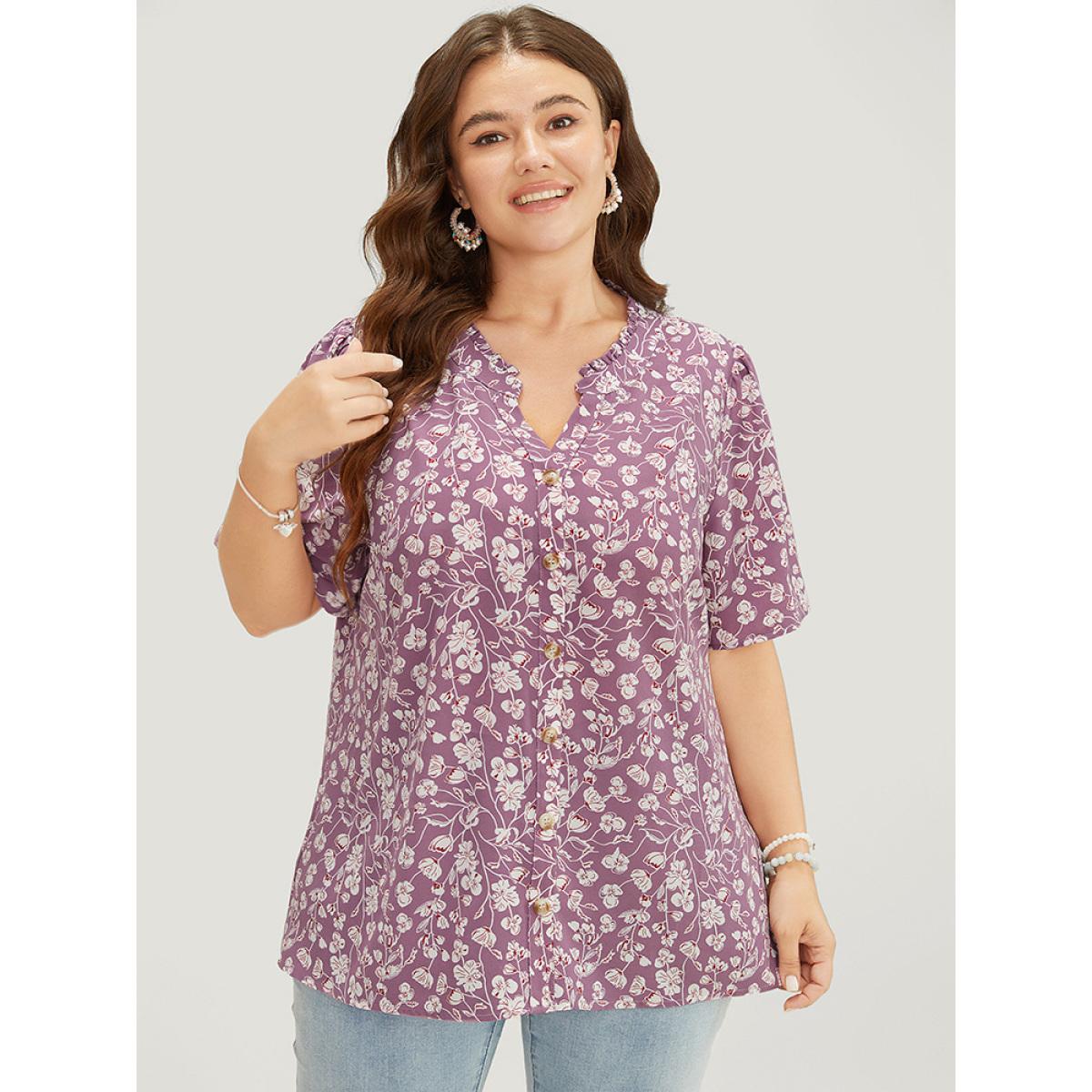 Plus Size Mauve Ditsy Floral Button Up Frill Trim Notched Blouse Women Elegant Short sleeve Notched collar Dailywear Blouses BloomChic 22-24/3X Product Image