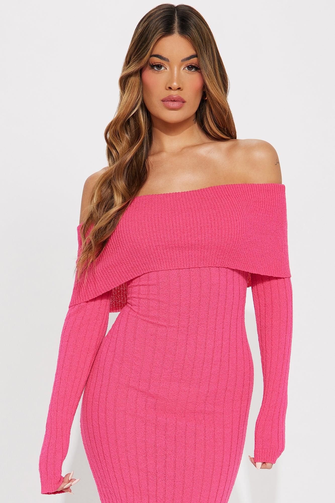 Kassy Off Shoulder Midi Dress - Hot Pink Product Image