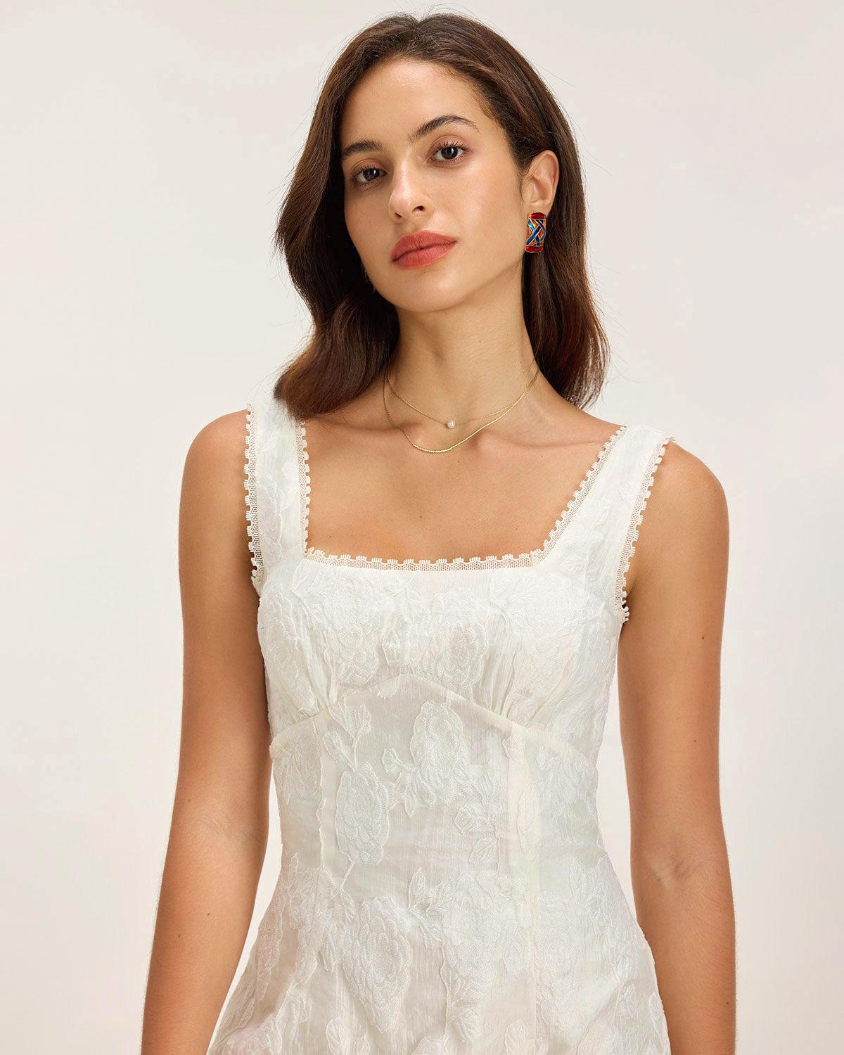 White Textured Square Neck Slip Mini Dress Product Image