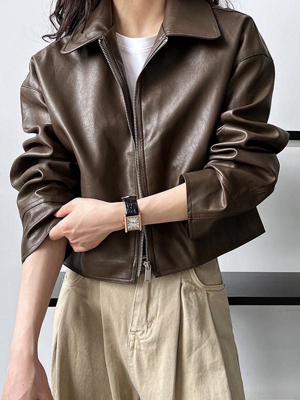 Long Sleeves Loose Solid Color Zipper Lapel Collar Jackets&Coats Outerwear Product Image