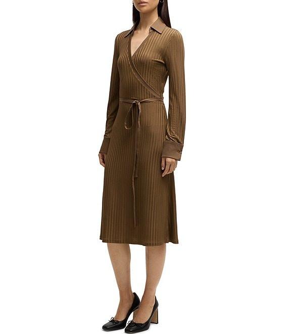 BOSS by Hugo Boss Ellarie Ribbed Knit Jersey Collared V-Neck Long Sleeve Faux-Wrap Dress Product Image