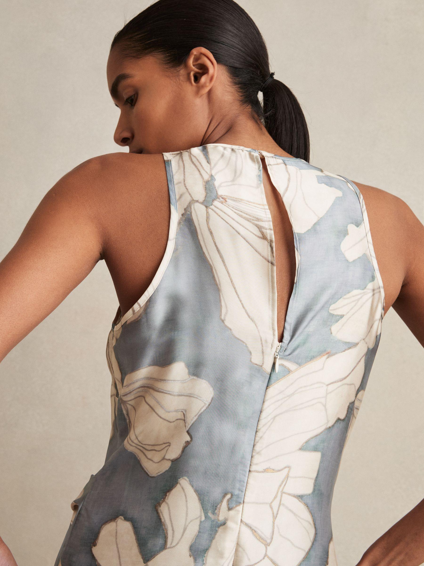 Satin Floral Drape Midi Dress in Blue Product Image