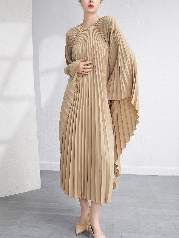 Batwing Sleeves Loose Pleated Solid Color Maxi Dresses Product Image