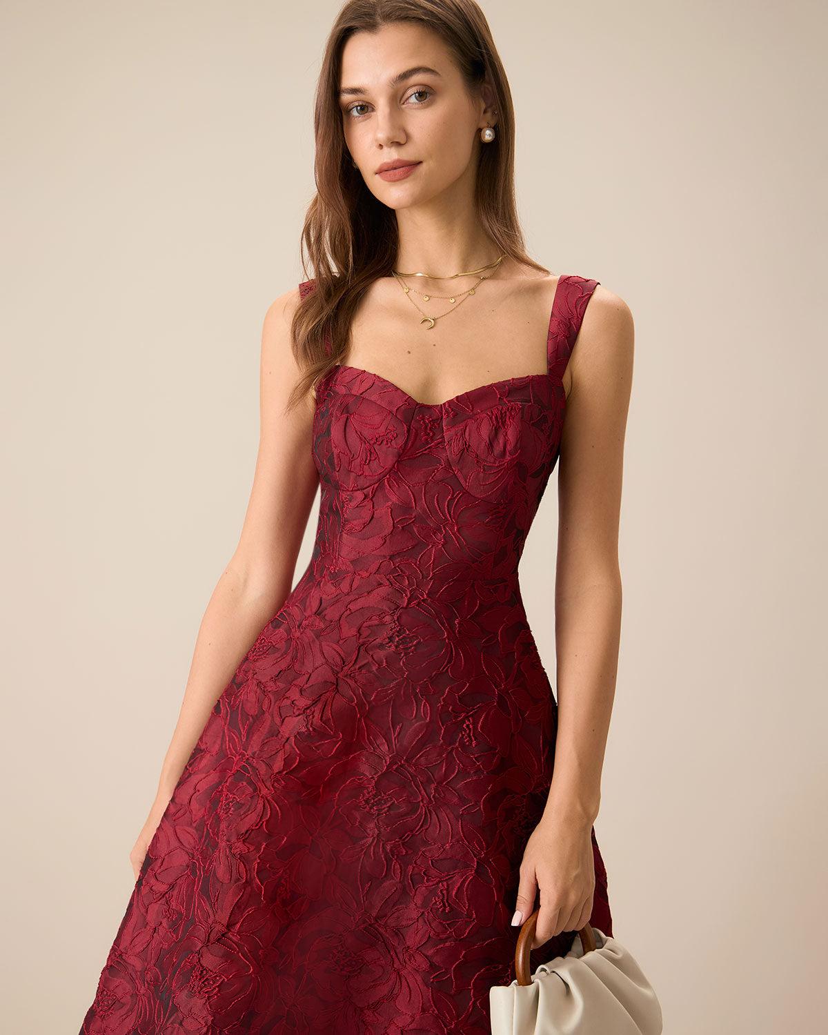 The Red Sweetheart Neck Jacquard Midi Dress Product Image
