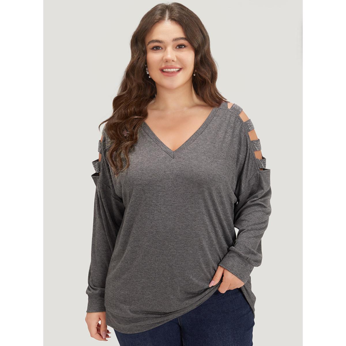 Plus Size Rhinestone Detail Hollow Out V Neck Long Sleeve T-shirt DimGray Women Casual Cut-Out Plain V-neck Dailywear T-shirts BloomChic 14-16/1X Product Image