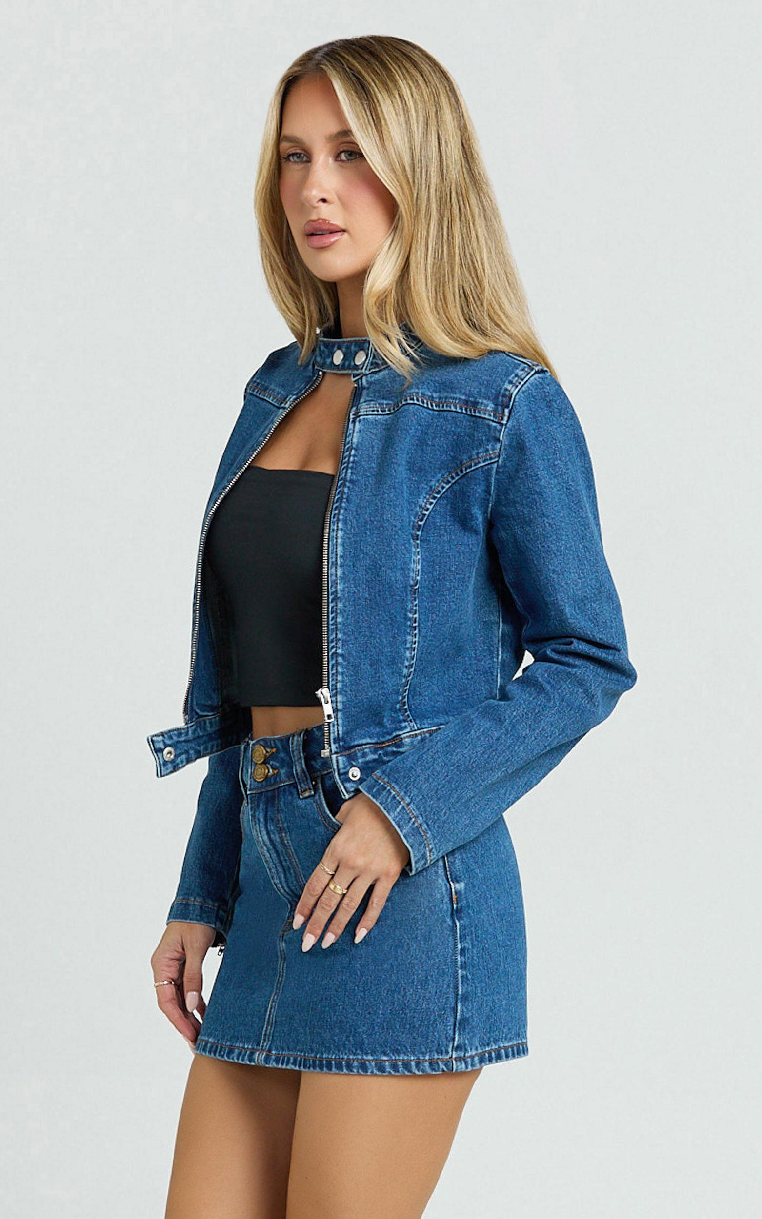 Pamela Jacket - Denim Biker Detail Long Sleeve Jacket in Dark Blue Wash Product Image
