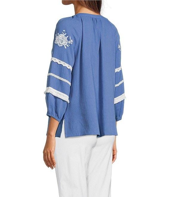 Ali Miles Woven Floral Embroidered Y-Neck 3/4 Sleeves Lace Trim Tunic Product Image