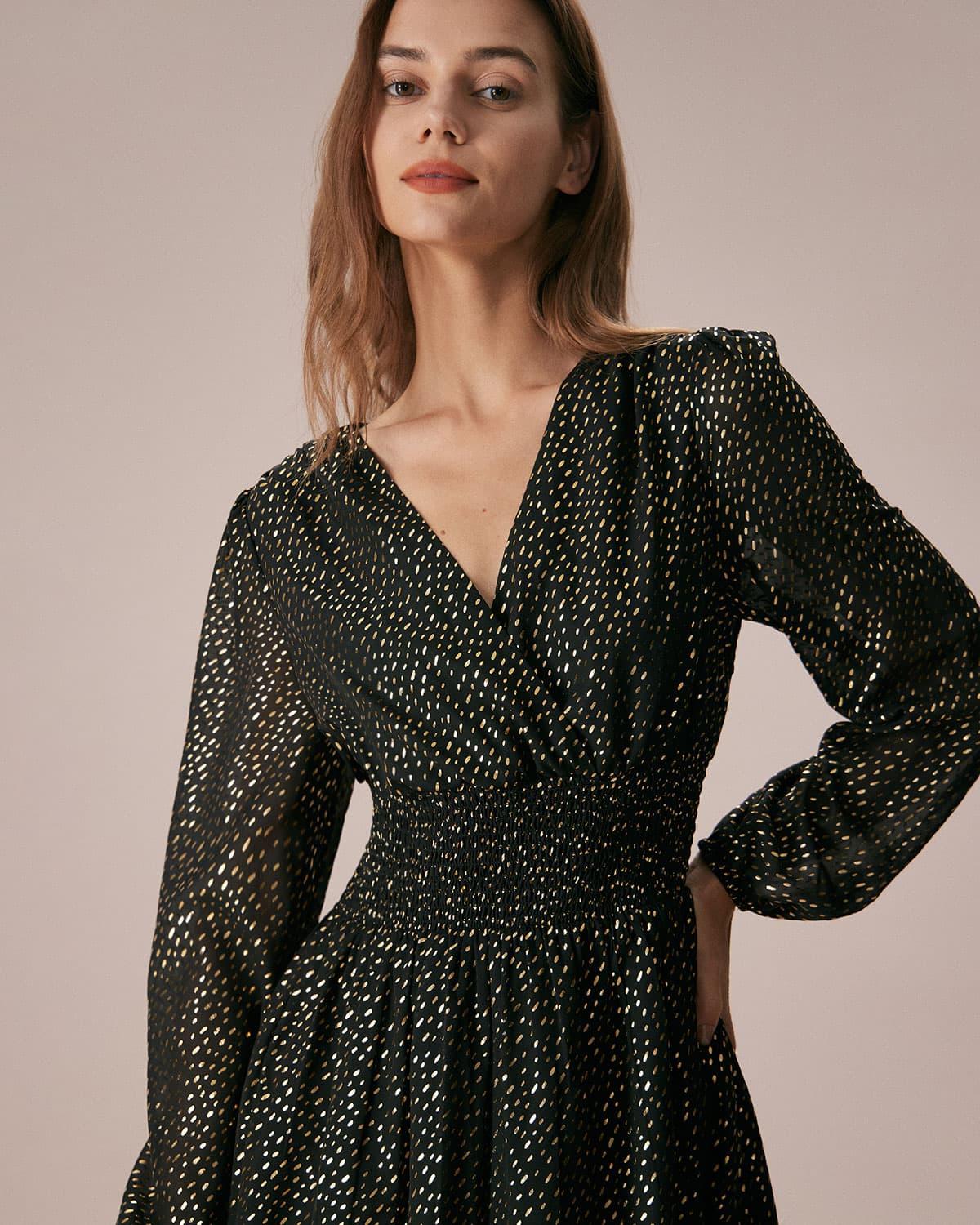 The Black V Neck Shirred Overlapping Midi Dress Product Image