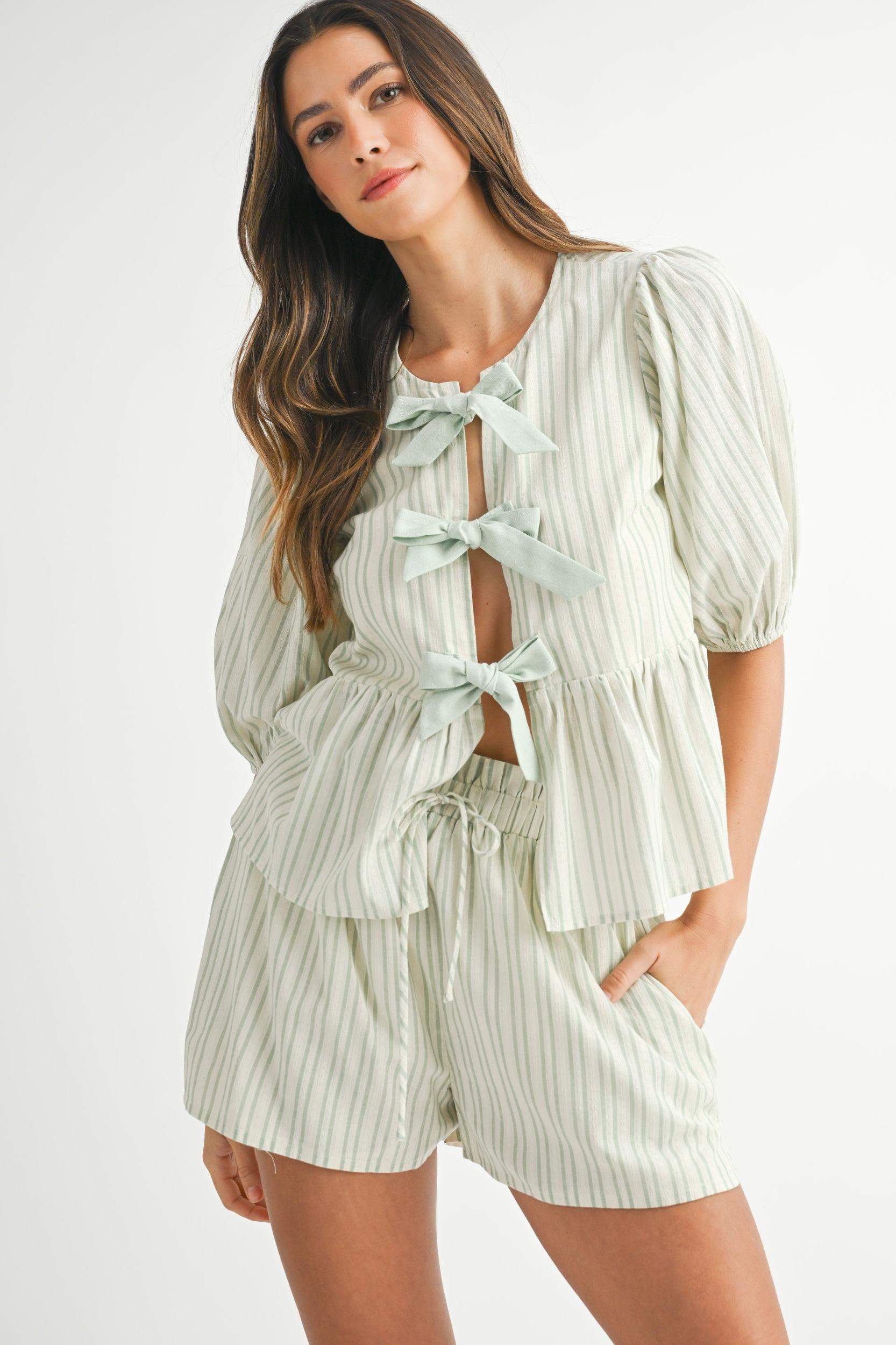 Bow Tie Front Puff Sleeve Peplum Top & Shorts Set Product Image