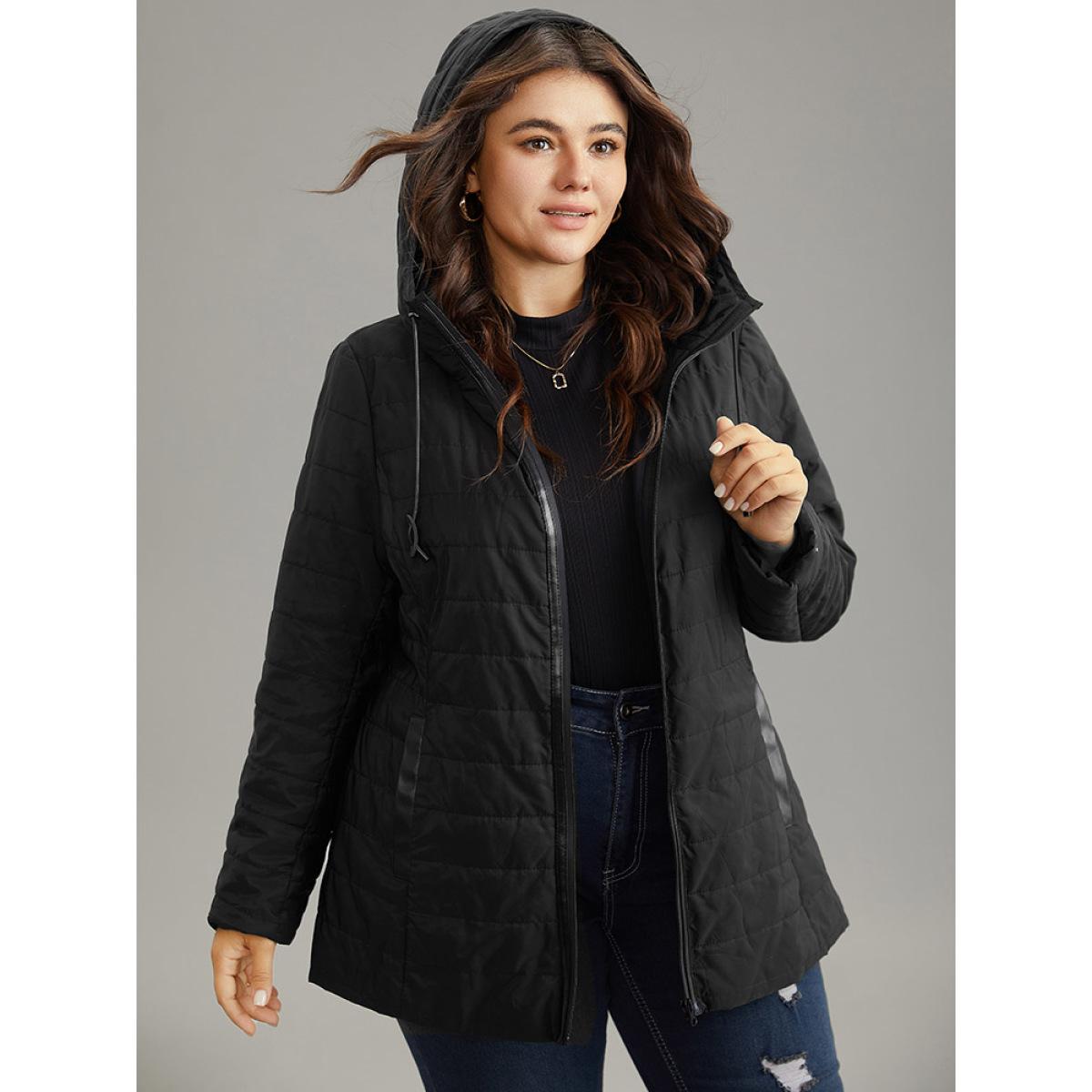 Plus Size Drawstring Patchwork PU Leather Zipper Jacket Women Black Casual Lined Ladies Everyday Winter Coats BloomChic 22-24/3X Product Image