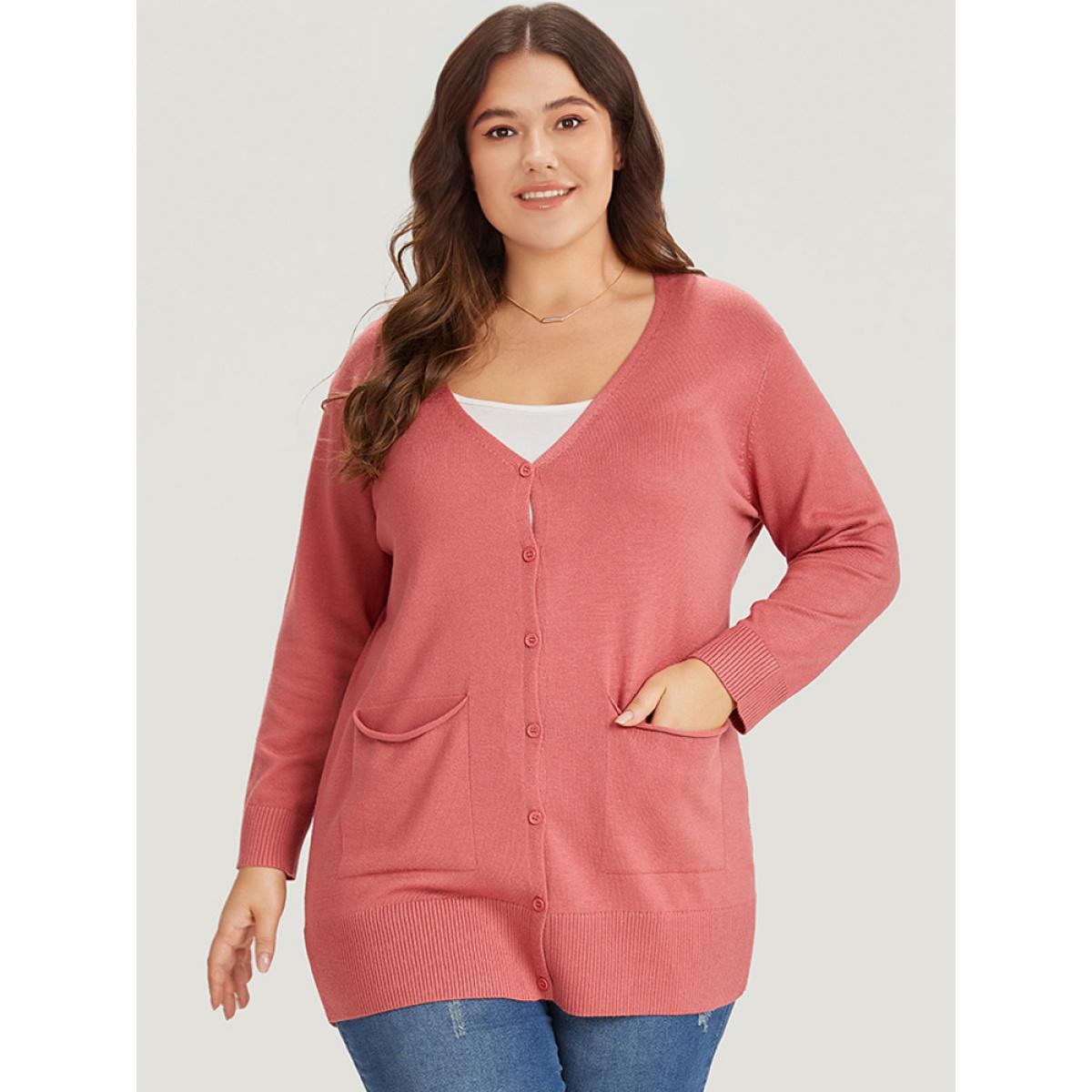 Plus Size Supersoft Essentials Solid Button Down Patched Pocket Cardigan Russet Women Casual Loose Long Sleeve Everyday Cardigans BloomChic 26/4X Product Image