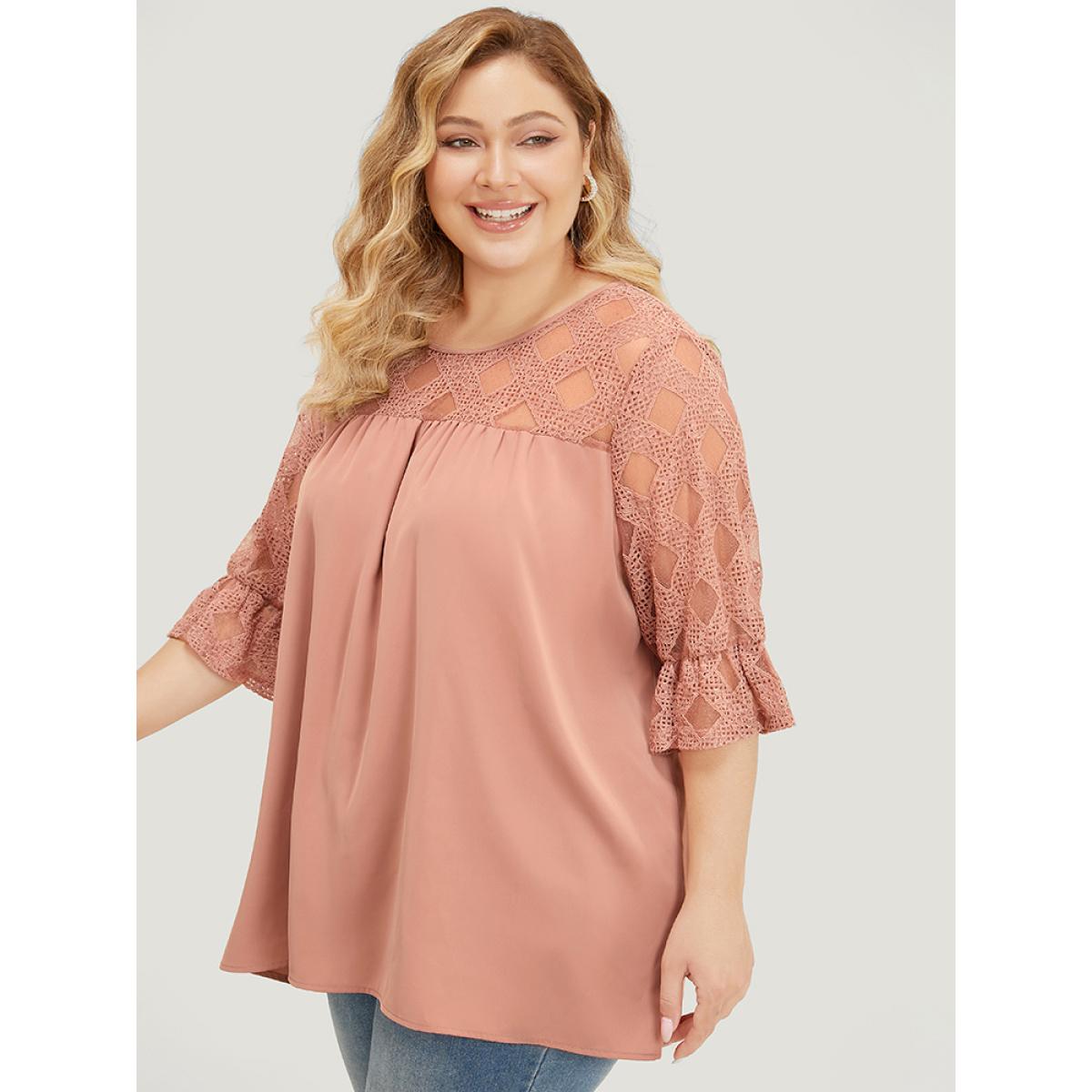 Plus Size DustyPink Solid Lace Mesh Panel Bell Sleeve Blouse Women Elegant Elbow-length sleeve Round Neck Dailywear Blouses BloomChic 26/4X Product Image
