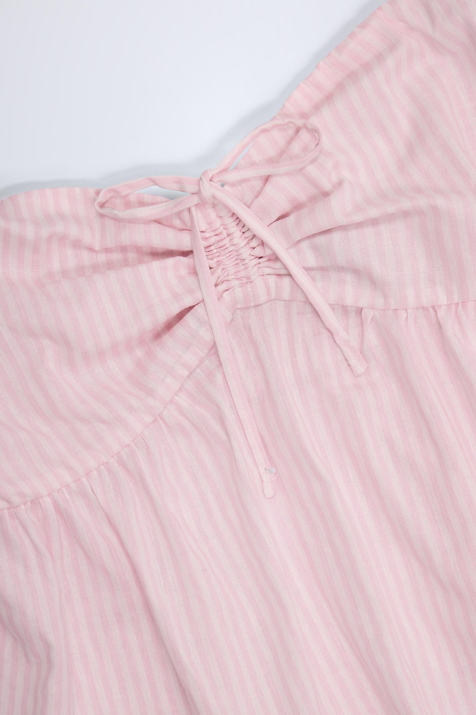 Tie-Front Strapless Cotton-Poplin Crop Top in Pink White Stripe Product Image