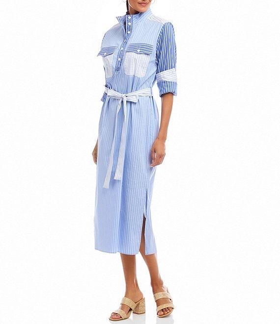 Karen Kane Mixed Stripe Roll Sleeve Midi Shirtdress Product Image