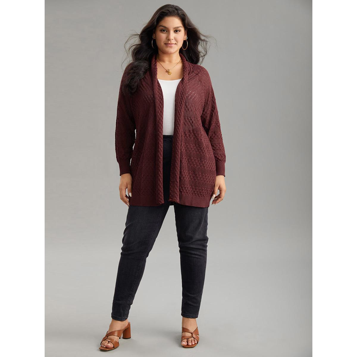 Plus Size Solid Geometric Hollow Out Cardigan Russet Women Casual Loose Long Sleeve Dailywear Cardigans BloomChic 22-24/3X Product Image