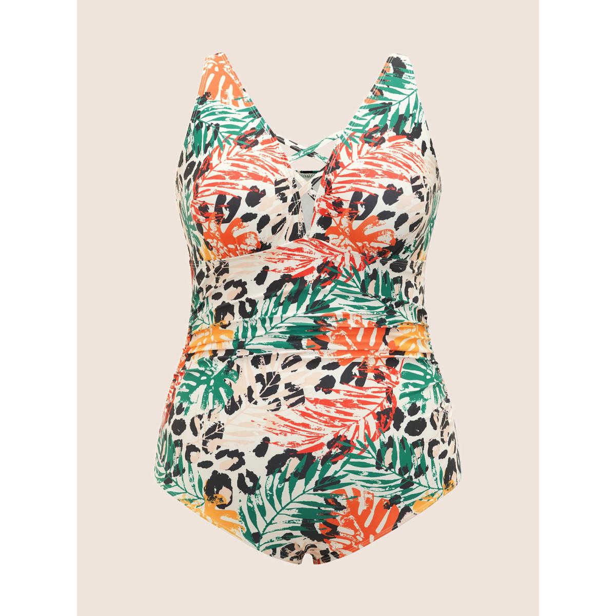 Plus Size Tropical Print Crisscross Keyhole One Piece Swimsuit Women's Swimwear Multicolor Beach Gathered Curve Bathing Suits High stretch One Pieces BloomChic 12/L Product Image