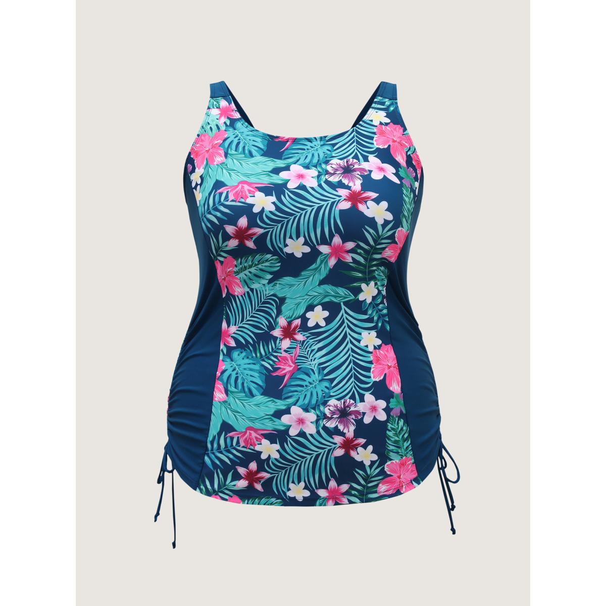Plus Size Tropical Florals Side Drawstring Swim Top Women's Swimwear Aegean Resort High stretch Skinny U-neck Curve Swim Tops BloomChic 26/4X Product Image