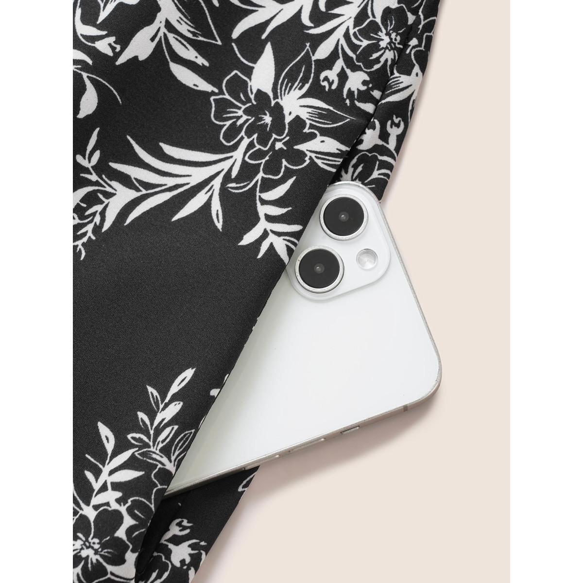 Plus Size Silhouette Floral Print Ties Lapel Collar Dress Black Women At the Office Non Lapel Collar Short sleeve Curvy Midi Dress BloomChic 10/M Product Image