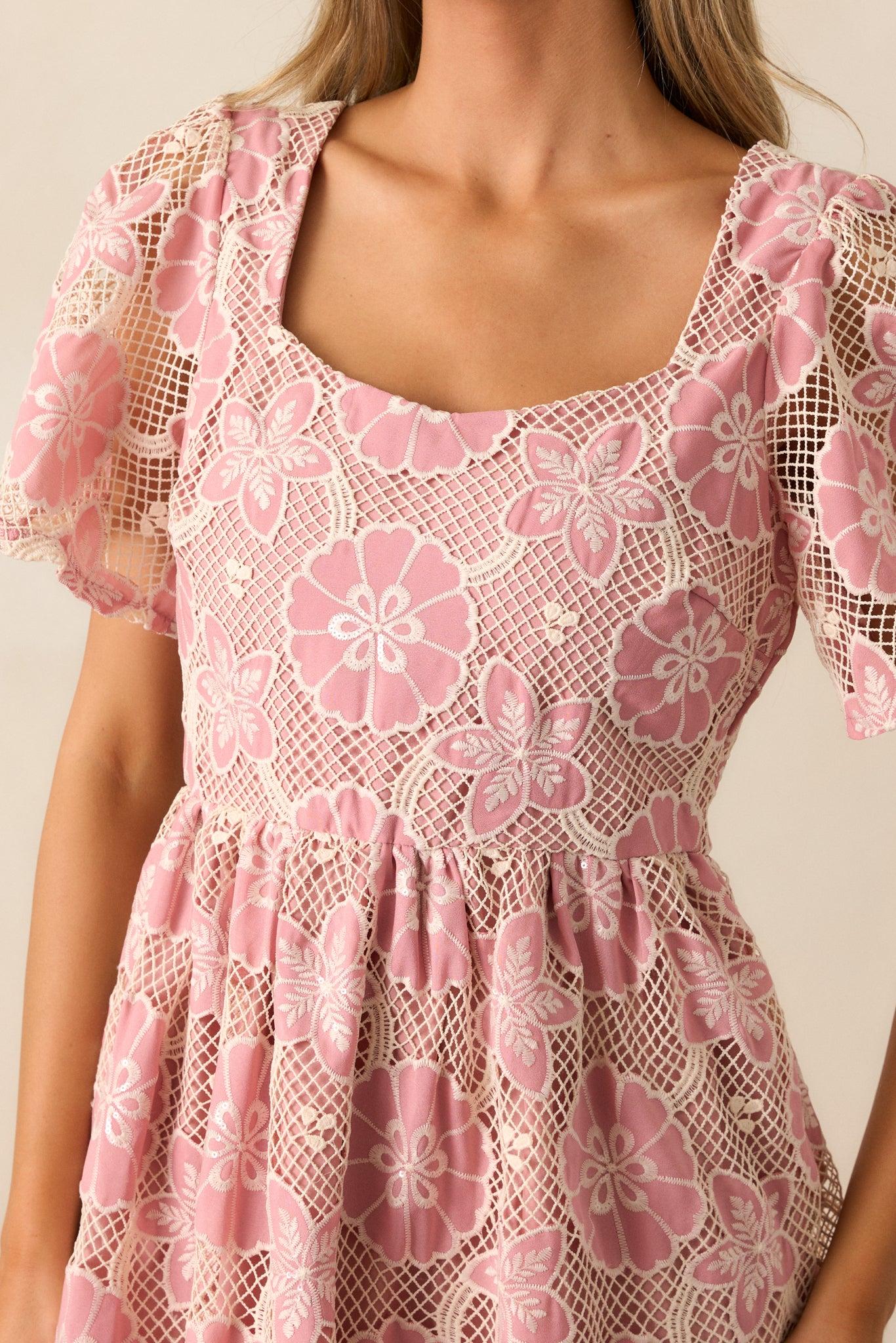 The Sweetest Rose Pink Embroidered Floral Midi Dress Product Image