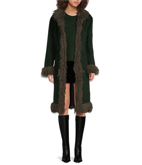 Chelsea & Violet Beatrix Wool Blend Faux Fur Trim Shawl Collar Long Sleeve Tie Front Long Topcoat Product Image