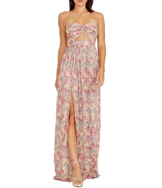 Dress the Population Angelique Sweetheart Strapless Cutout Floral Printed Metallic Chiffon Front Slit Sheath Gown Product Image