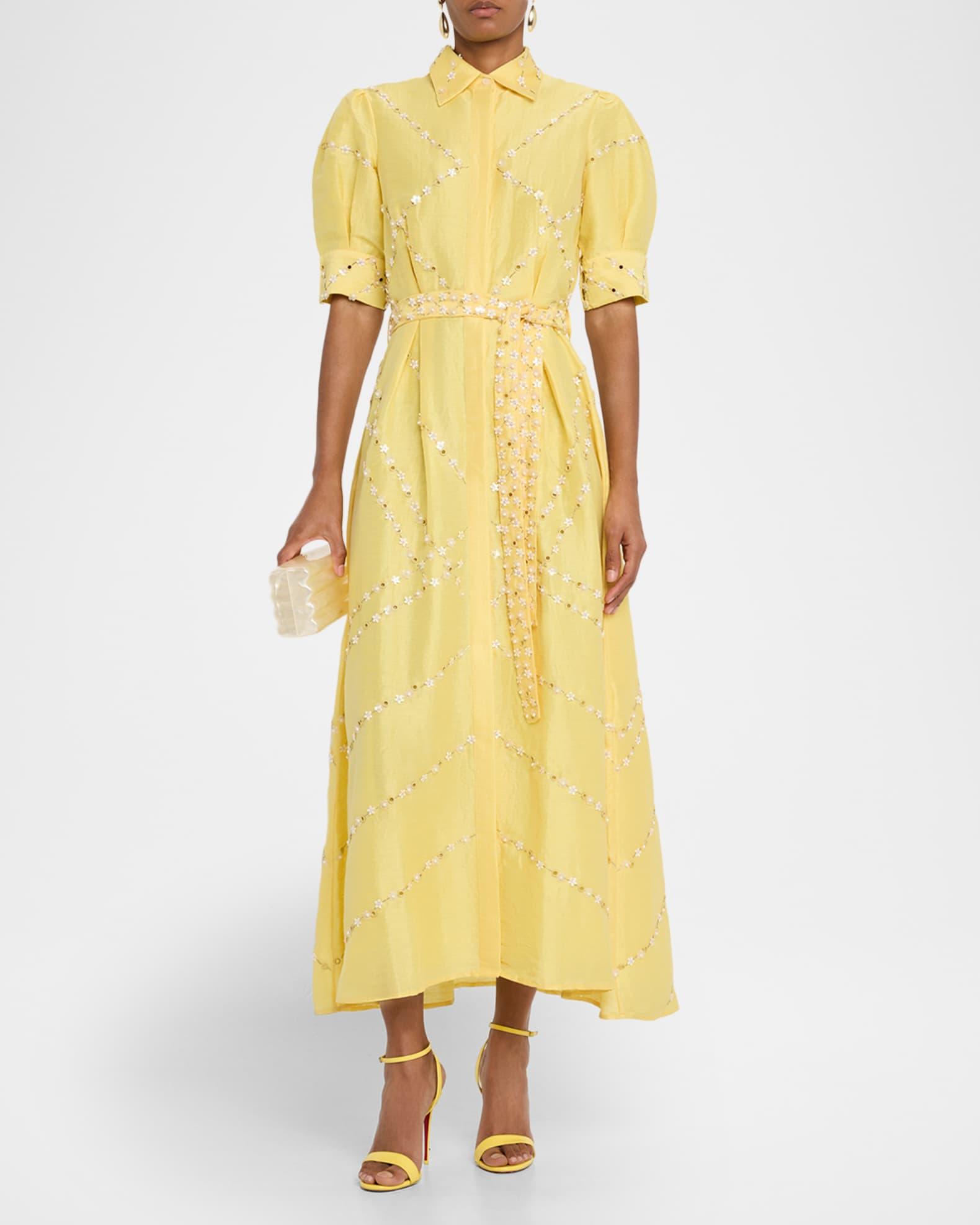 Embellished Organza Short-Sleeve Belted Midi Shirtdress Product Image