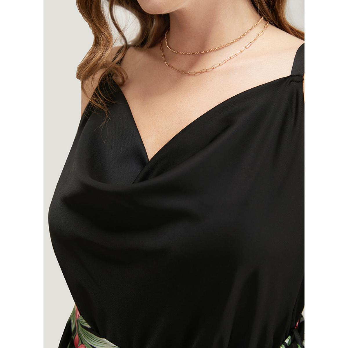 Plus Size Black Tropical Patchwork Cowl Neck Pocket Belted Cami Jumpsuit Women Vacation Sleeveless Cowl Neck Dailywear Loose Jumpsuits BloomChic 22-24/3X Product Image