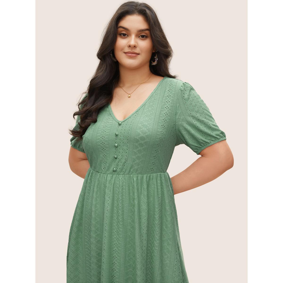 Plus Size Solid Hollow Out Button Detail Elastic Waist Dress Mint Women Elegant Non V-neck Short sleeve Curvy Midi Dress BloomChic 14-16/1X Product Image