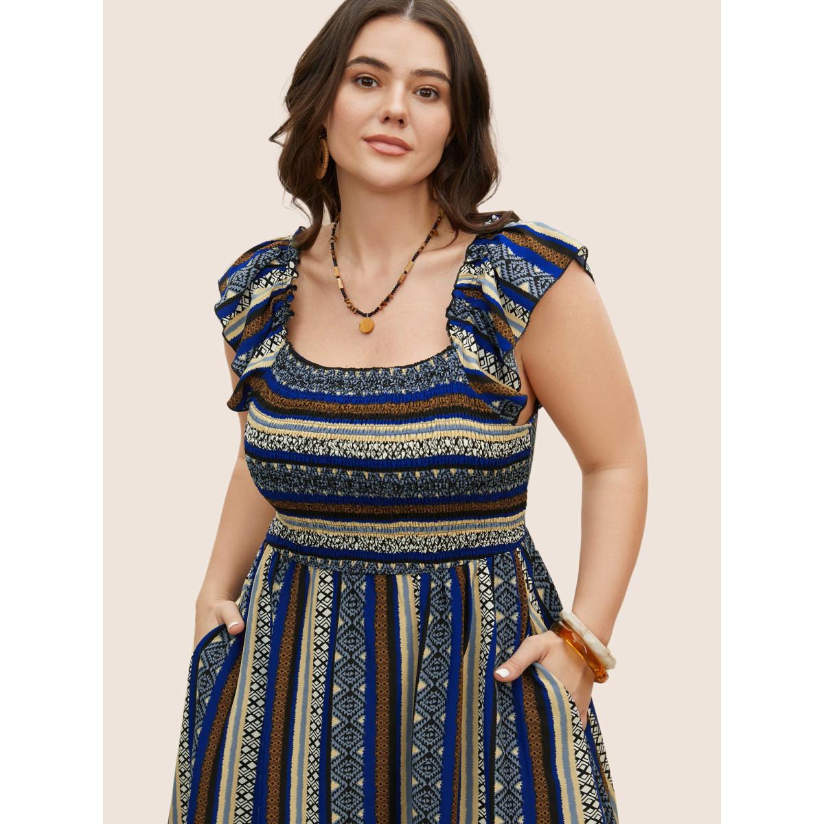 Plus Size Bandana Striped Shirred Ruffle Trim Dress Mediumblue Women Resort Shirred Square Neck Cap Sleeve Curvy BloomChic 18-20/2X Product Image