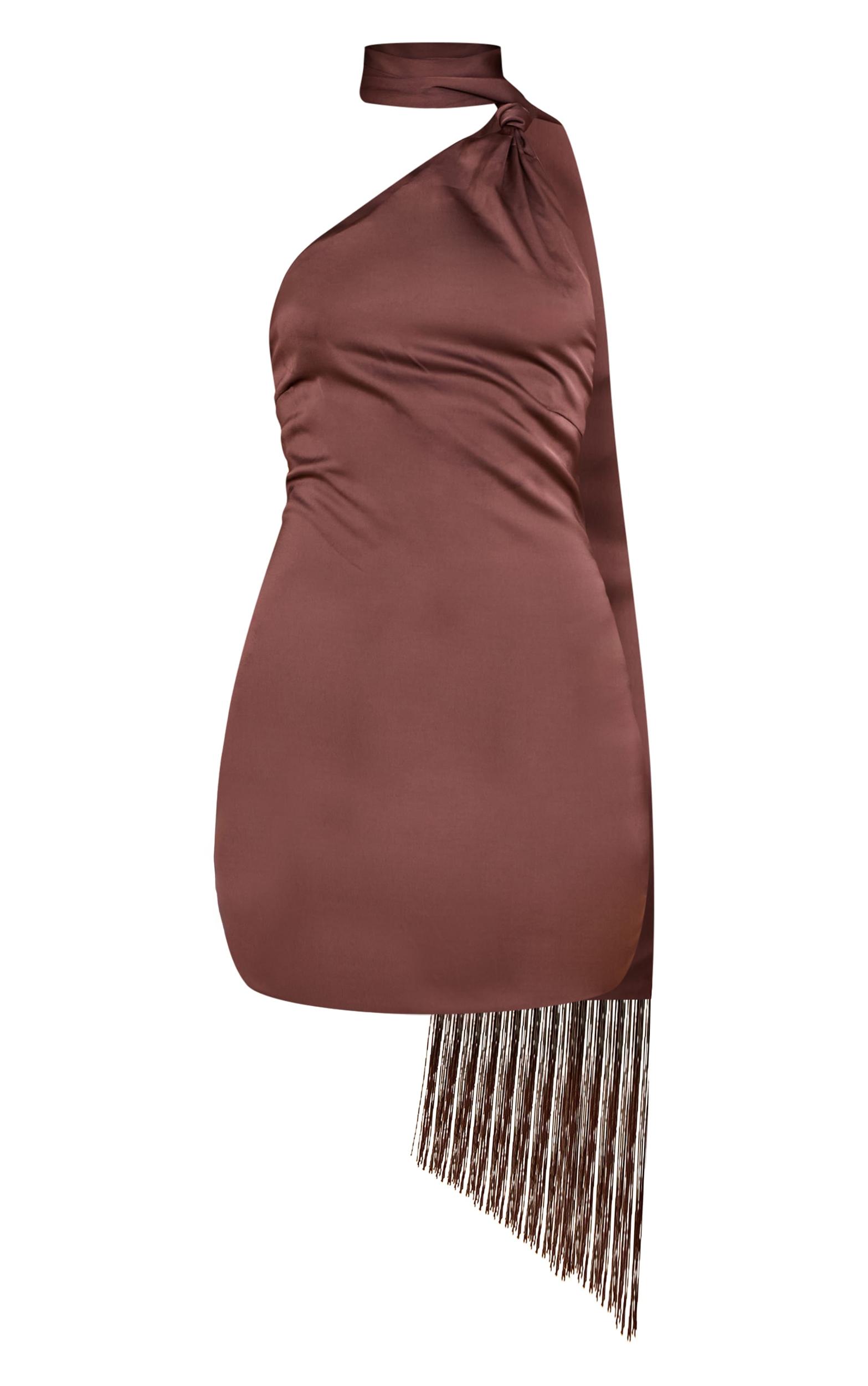 Chocolate Satin Wrap Fringe Detail Mini Dress Product Image